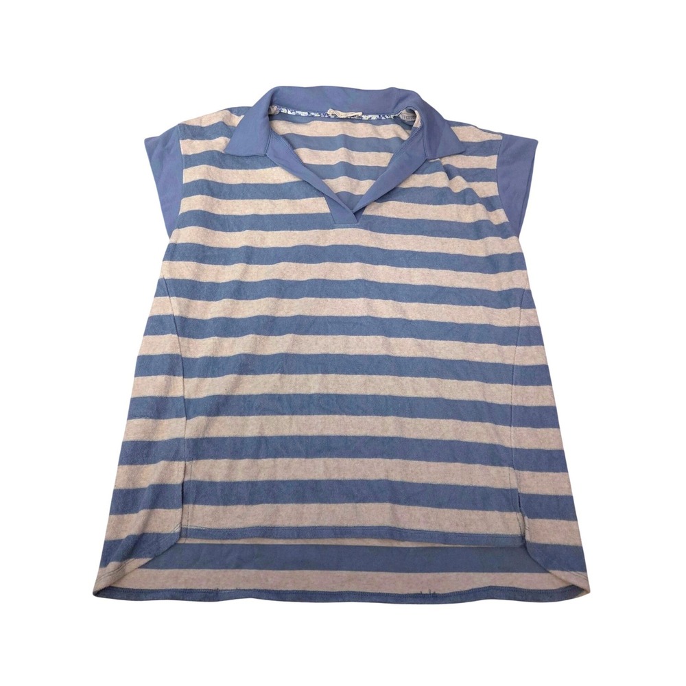 Umgee Blue Striped Terry Cloth Polo Top Short Sleeve V-Neck Size Large